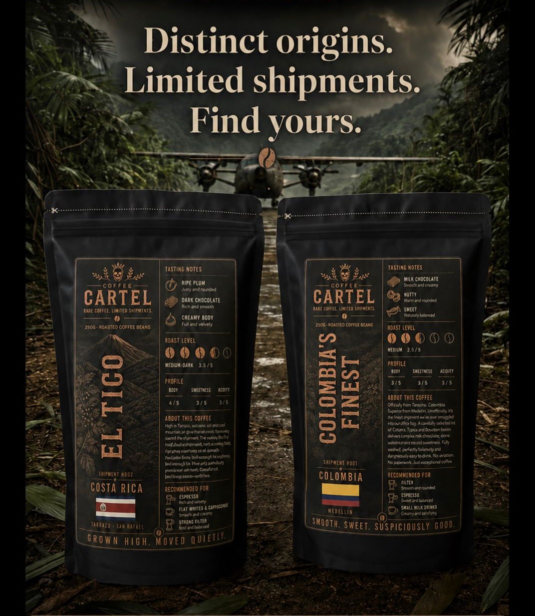 Two Coffee Cartel bags — El Tico from Costa Rica and Colombia's Finest from Colombia — on crates at a jungle airstrip beside a bush plane at sunrise. Distinct origins. Limited shipments. Find yours.
