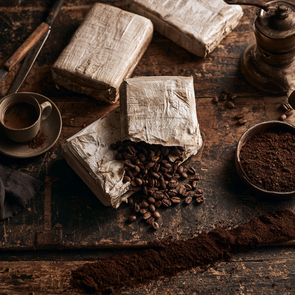 Overhead shot of paper-wrapped coffee bricks, spilled beans, ground coffee, an espresso cup and a brass grinder on a worn wooden table
