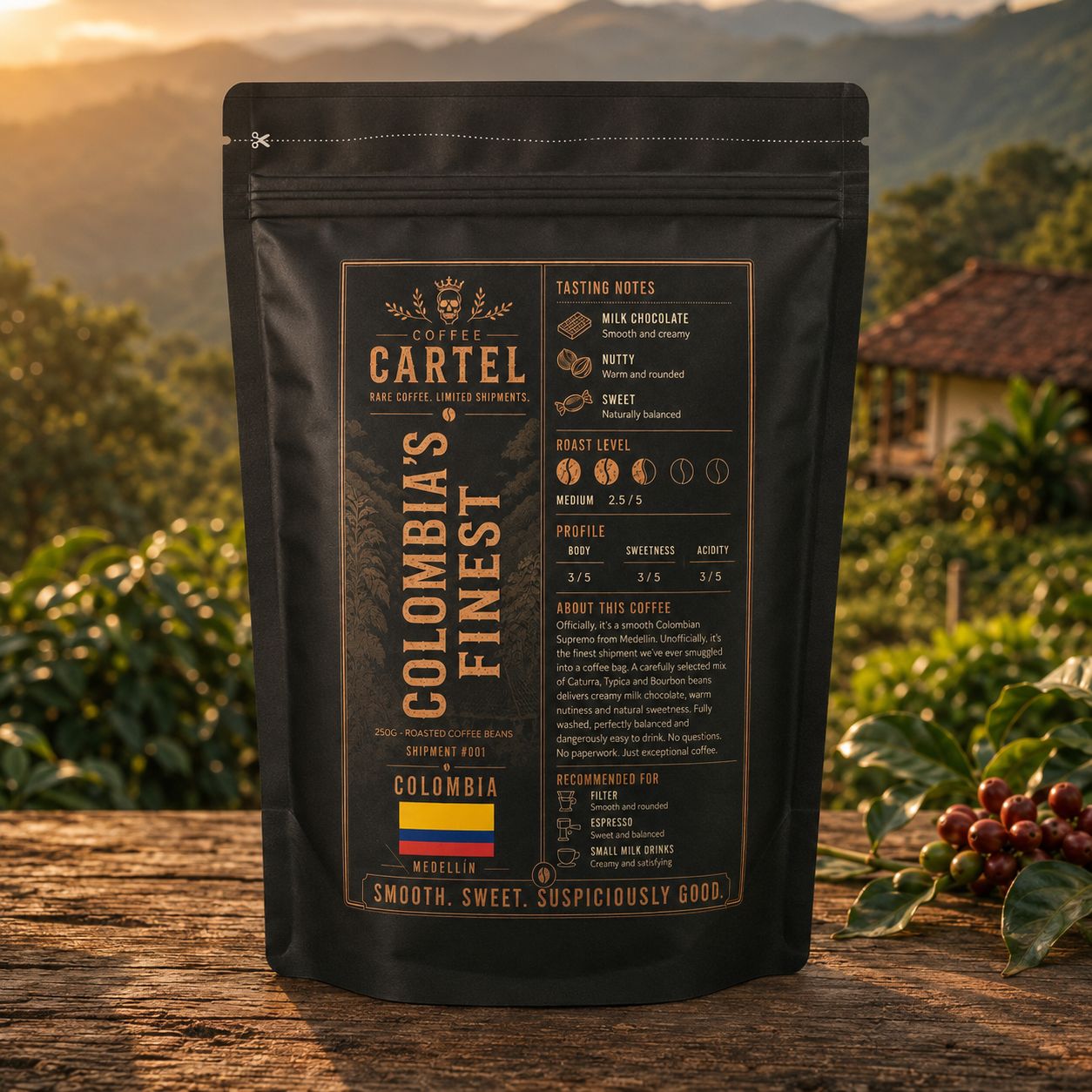 Colombia's Finest coffee bag on weathered wood with a Colombian hillside farm at sunset behind