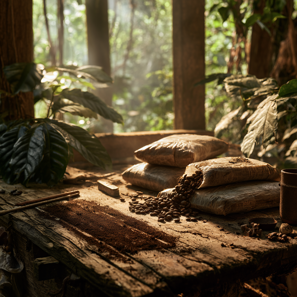 Sunlit barn workbench with paper-wrapped coffee bags, spilled beans and coffee plant leaves at the origin farm