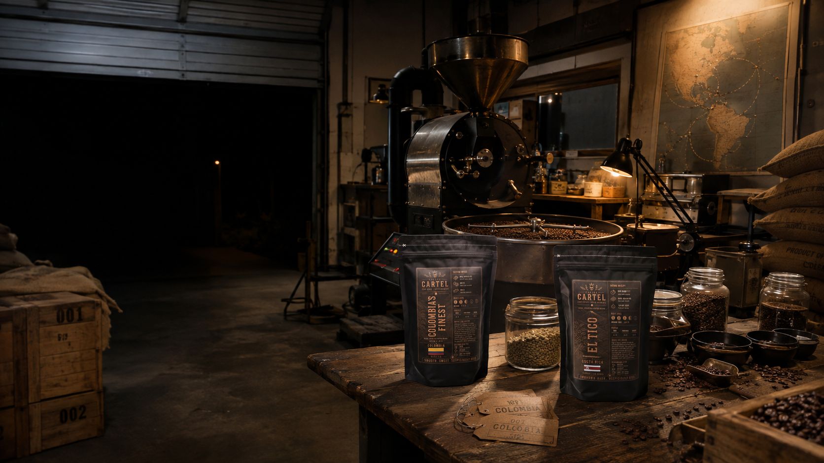 Dimly lit roastery at night — a vintage drum roaster, jars of green and roasted beans, hessian sacks, a world map, and the El Tico and Colombia's Finest bags on a workbench